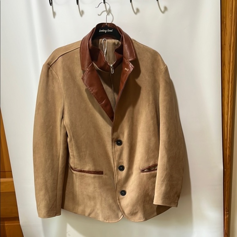 Manly Suede and Leather Blazer Jacket, Men's Size Medium - Khaki/Brown